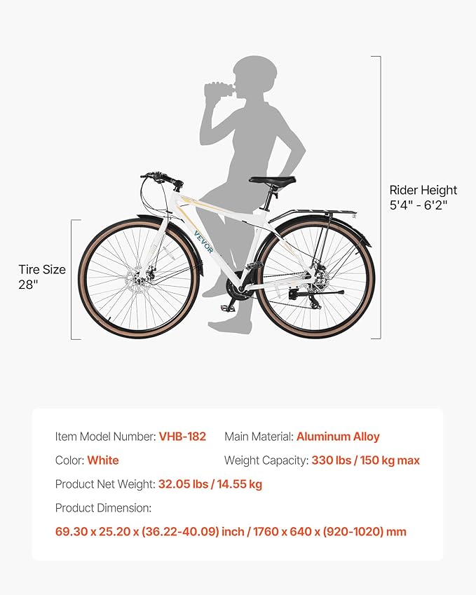 VEVOR Hybrid Bike, Lightweight Aluminum Frame Bike, 700c Wheel Men Women Hybrid Bicycle, Step-Over/Step-Through Adult Urban City Commuter Bikes, with 7/24 Speed, Alloy Adjustable Stem and Seat
