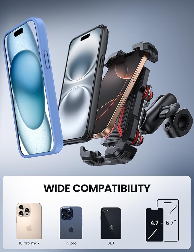 Lamicall Motorcycle Phone Mount Holder - [Dual Vibration Dampener] [Metal Adjustment Arm] Motorcycle Cell Phone Holder, Bike Handlebar Phone Mount, for iPhone 16 15 14 Pro Max, 4.7-6.7" Phones, Red