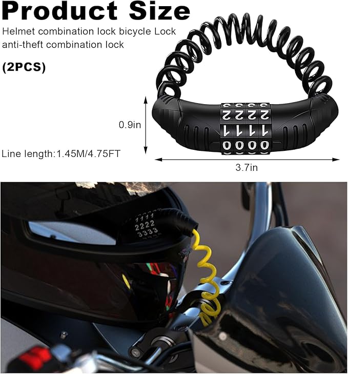 2PCS Motorcycle Helmet Cable Lock, Anti-Theft Helemt Cable Locks with 4-Digital Combination Code, Retractable Cable Lock for Motorbike Helmet Bicycle Saddle Luggage Stroller (Black)