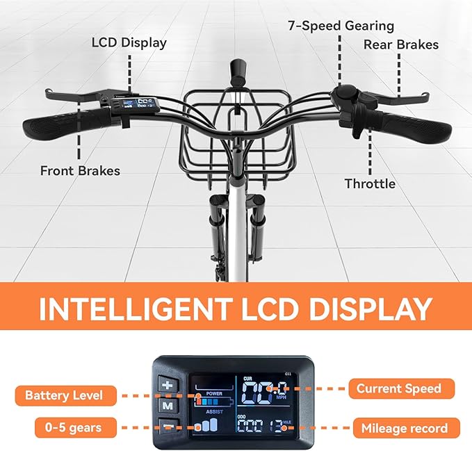Electric Bike for Adults, Peak 700W Motor 20MPH, 374.4Ah Removable Battery 50Miles Ebike, 24'' Step Thru City Cruiser E Bike,7-Speed,Full Suspension,Front Basket, Full Suspension,UL 2849 Standard