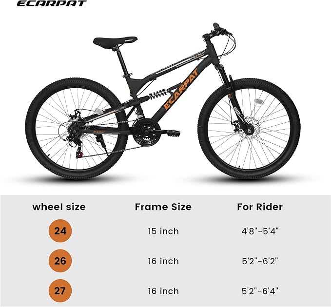 Ecarpat 24/26/27.5 Inch Mountain Bike, Full/Front Suspension Mens Boys Mountain Bike with 21 Speed Steel Frame and Dual Disc Brakes, Adult Sport Bicycle for Trail City Road, Gift Choice