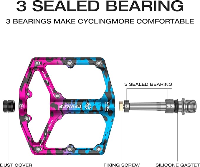 Road/Mountain Bike Pedals - 3 Bearings Bicycle Pedals - 9/16” CNC Machined Flat Pedals with Removable Anti-Skid Nails