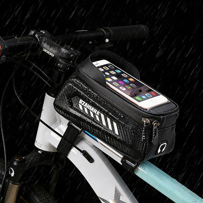 Bike/Bicycle Phone Holder Bag, Bicycle Front Frame Bag, Waterproof Tube Bag, Bike Accessories, Cycling Pouch with TPU Touch-Screen& Sun-Visor Compatible Phone Under 6.5” (Black)