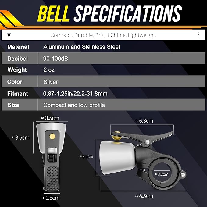 Bike Bell, Aluminum Alloy Classic Bicycle Bells for Adults Kids, 110 dB Loud Crisp Clear Ring Sound, Bike Horn Fit 22.2-31.8 mm Handlebar for Mountain Road Bike Scooter Ebike.