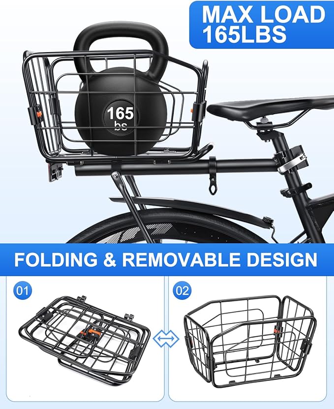 Rear Bike Basket, Aluminum Bike Cargo Rack, 22L Capacity Bicycle Basket, Foldable & Removable for Adult Bikes (Tube≤34mm), 165lbs Capacity, Includes Reflector & Bungee Cords