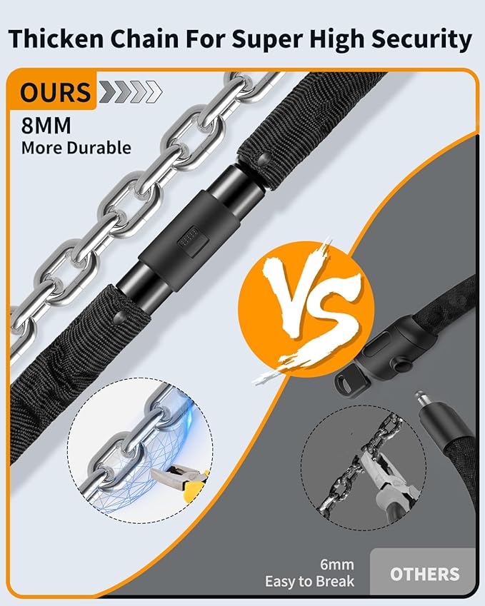 Sportneer Bike Lock: 8mm Thick High Security Anti Theft Bike Chain Lock with 2 Keys- 3.2/4ft Long Heavy Duty Anti-Cut Bicycle Lock for Bike, Motorcycle, Bicycle, Door, Gate, Fence, Grill