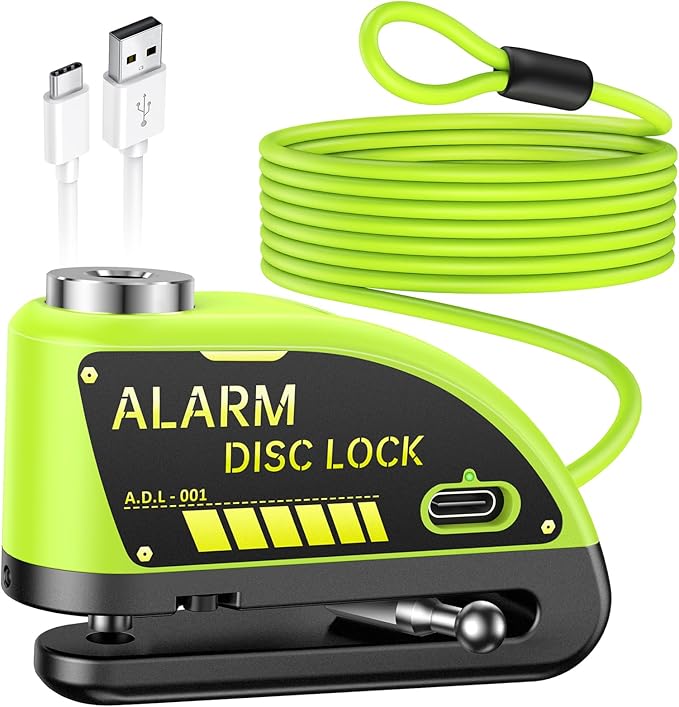 ONVIAN Rechargeable Motorcycle Lock with 6FT Steel Wire Anti-Theft Cable, for 7mm Pin Ebike Electric Scooter Motorcycle Helmet Wheel Disc Brake Lock(Lemon Yellow)
