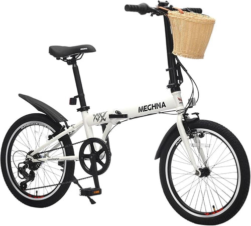 20 Inch Folding Bike for Adults, 6-Speed City Commuter Bike with Steel Frame,Quick-Release Fold, Front Basket, Phone Holder & V-Brakes