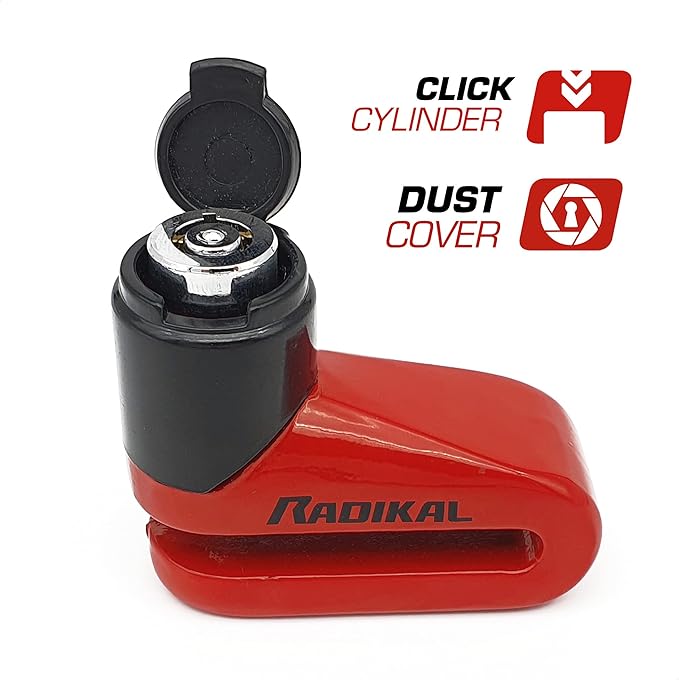 RADIKAL RK505R Disc Lock, More Compact, Lightweight and Portable, Highly Deterrent Red Color, 5.5mm Steel Locking Pin, Universal Anti Theft Wheel Brake Lock for Motorcycle Scooter Electric Bike