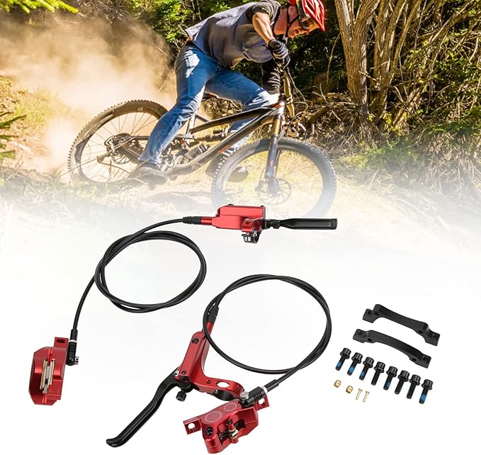 Mountain Bike Hydraulic Disc Brake Set, 4 Piston Front Rear Brake with Screw and Olive Head, Oil Needle, Mounting Column for Most Bikes