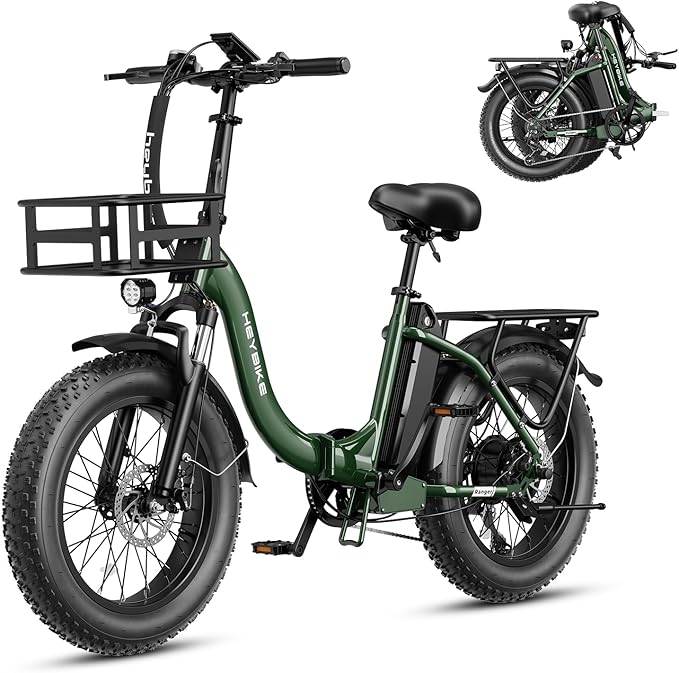 Heybike Ranger 2.0 Foldable Electric Bike for Adults, 20"×4 Fat Tire Ebike with 1400W Peak Motor, 28 MPH Max Speed, 600Wh Removable Battery, Up to 65 Miles Range, Front Suspension Step-Thru E Bike