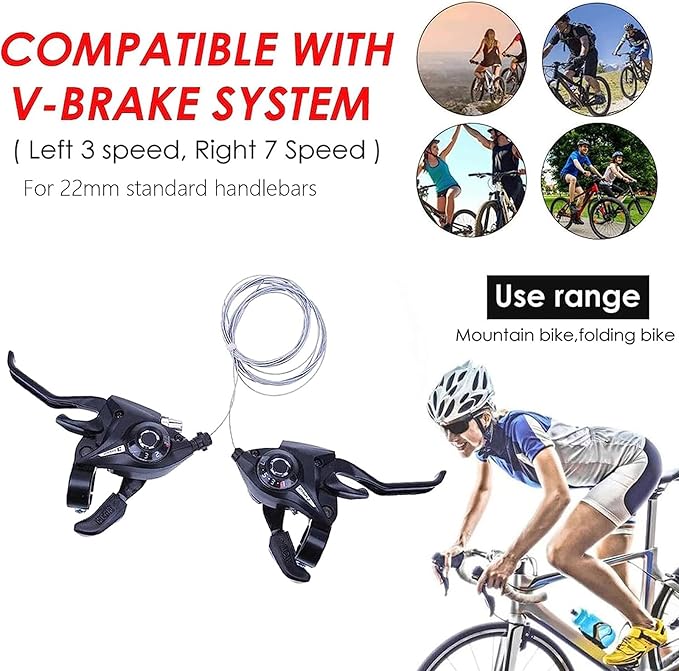 EF51-7 Speed Gear Shift Lever Brake Lever with Brake Cable 3 x 7 Gear Lever Set with Gear Indicator Bicycle Brake Pads Bicycle Reflectors Front Rear Set for Road Bike City Bike