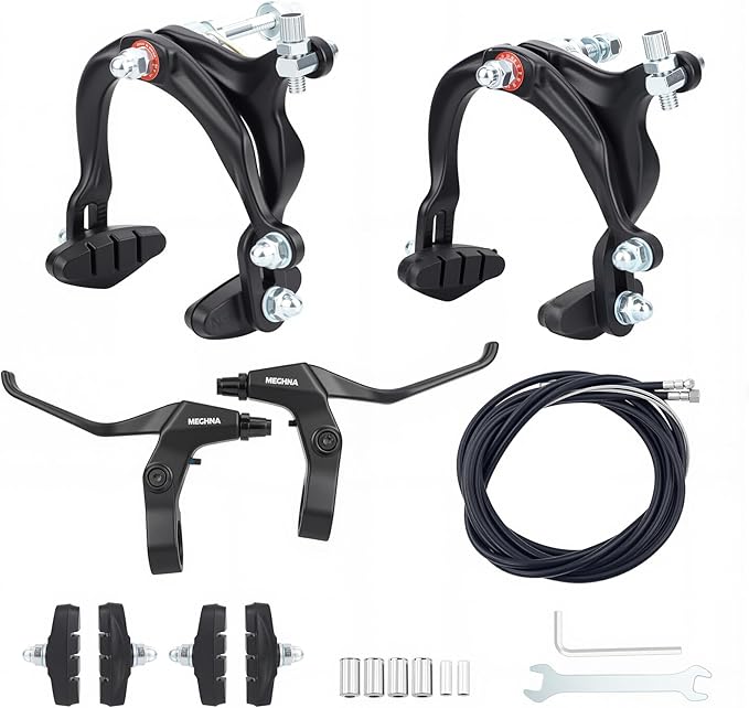 MEGHNA Bike Caliper Brake Set Aluminum Alloy Front and Rear Bike Brake Lever C Brake Set with Cables and Brake Pads Rim Brake for BMX Hybrid Bike Cruiser Bike Mountain Bike