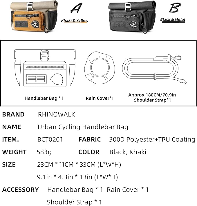 Rhinowalk Bike Handlebar Bag for Brompton Folding Bike Quick Release Bicycle Front Bag with Shoulder Strap Rain Cover for Urban Cycling