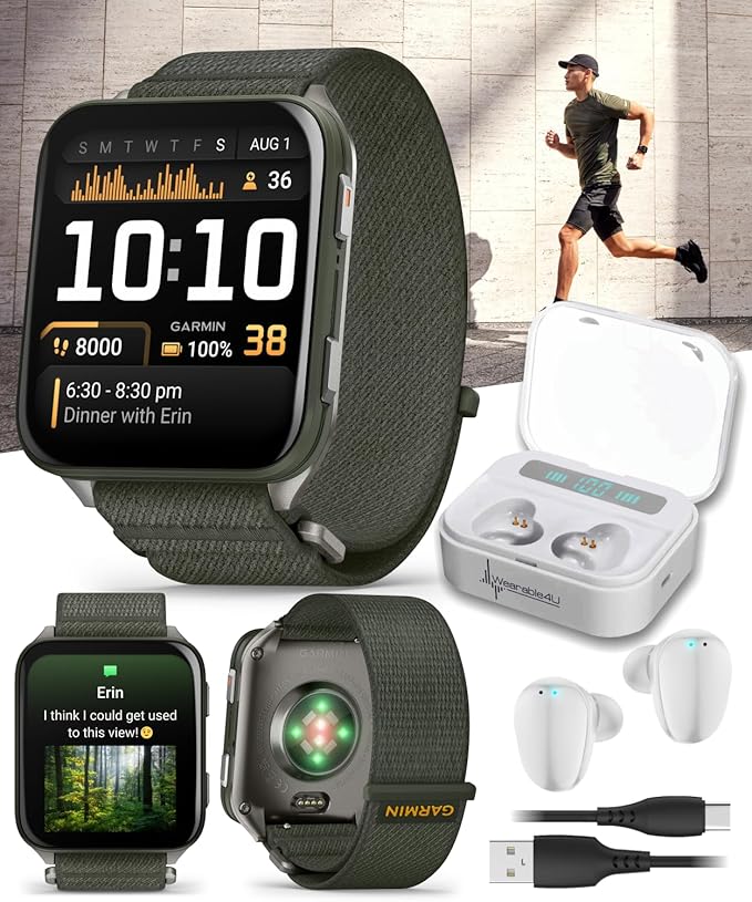 Wearable4U Garmin Venu X1 Thin and Lightweight GPS Smartwatch, AMOLED Display, Moss with Titanium Caseback and Moss ComfortFit Nylon Band White Earbuds Bundle