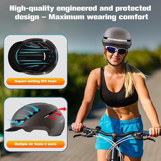 Shinmax Bike Helmet with Turn Signals, NTA Certified up to 45km/h, Bicycle Helmet for Men Women with USB Rechargeable Rear Light, Viser, Cycling Helmet for E-Bike & S-Pedelec,Scooter, Commuter, Adults