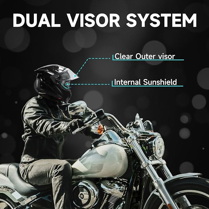 TCT-MOTORPARTS Adult Dual Visors Full Face Motorcycle Helmet Motorbike Racing Street Bike Helmets DOT Approved Gloss Black Medium Size