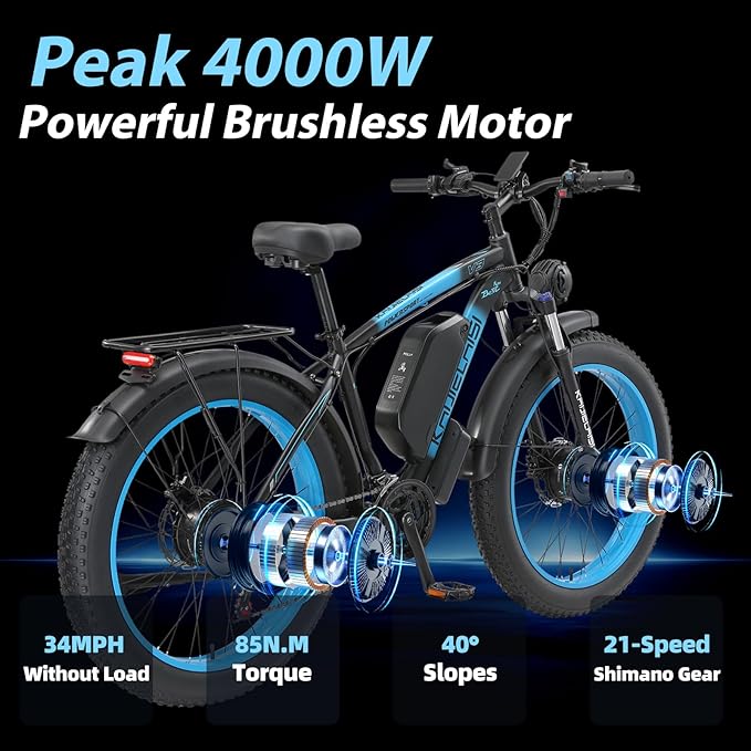 AWD Electric Bike for Adults, Peak 4000W Power 26” Fat Tire Ebike, Dual Motor Electric Bicycles, 48V 22.4AH Removable Battery Fast Dual Hydraulic Brakes 21-Speed All Terrain E-Bikes
