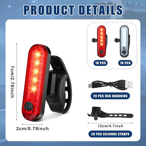 20 Pack USB Rechargeable LED Bike Tail Light Bicycle Rear Waterproof Bike Lights for Night Back Bicycle Taillights, 4 Light Mode Options, 20 USB Cables Included(Red, White)