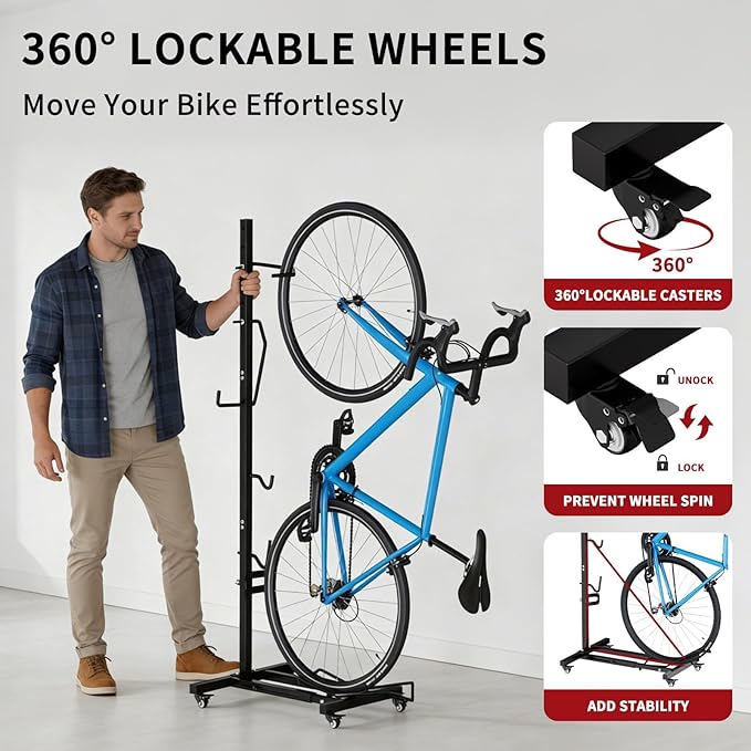 Vertical Bike Stand with Wheels, Space-Saving Freestanding Bike Rack, 360° Moveable Adjustable Height Indoor Bike Storage for Garage & Apartment, Floor Bike Parking Holder for Bikes up to 22”-29”