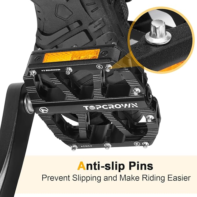 Mountain Bike Pedals with Reflectors, Aluminum Metal Bicycle Flat Pedals 9/16" - 3 Sealed Bearings, Non-Slip Wide Platform with Removable Pins for MTB, Road Bike, BMX, Ebike