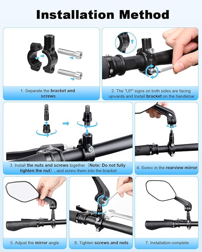 WSDCAM Bike Mirror HD Wide View, Adjustable Safety Rear View Mirrors, Scratch Resistant Glass Lens, Bicycle Accessories Universal Fit 0.87-1.10" Handlebars Mountain/Road bike Scooter Motorcycle eBike
