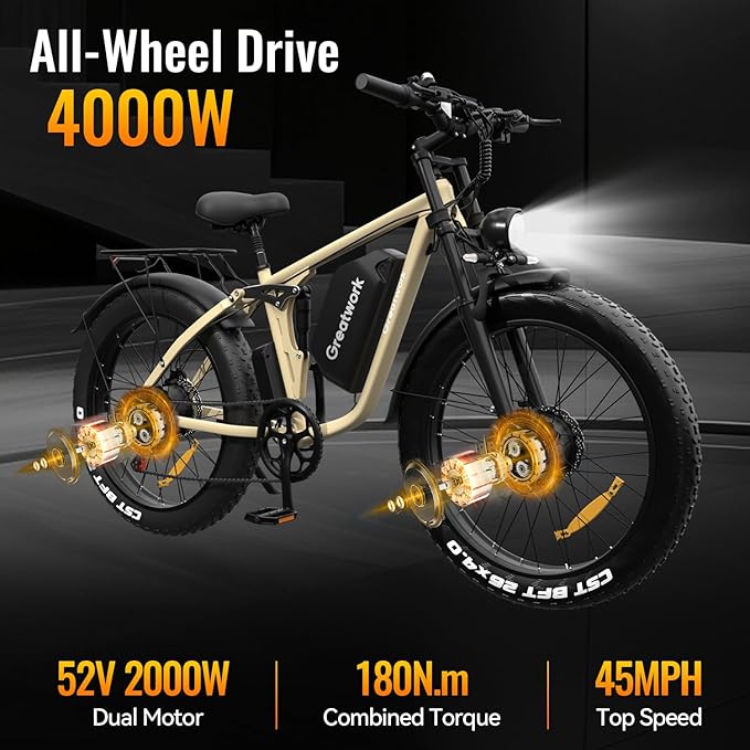 GREATWORK 52V 5000W Peak Dual Motor Electric Bike for Adults, 1300Wh Battery, Up to 45MPH & 100 Miles Range, 26" x 4.0 Fat Tire Electric Dirt Bike with Suspension, Mountain E-Bike for Men Women