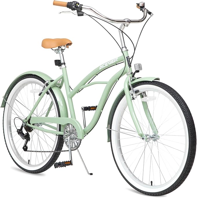 ACEGER 24 26 Inch Women Beach Cruiser Bike, Single Speed and 7 Speed, Adult Hybrid Bike Commuter Bicycle, Hi-Ten Steel Frame with Adjustable Handlebar and Saddle, Multiple Colors