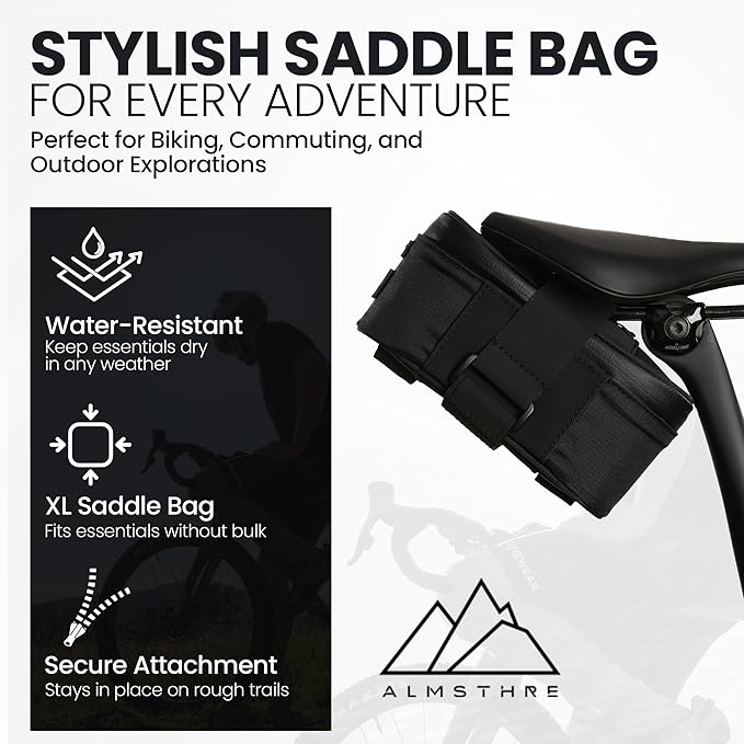 ALMSTHRE Signature XL Bike Saddle Bag - Midnight Black | 1.0L Bike Seat Bag (6.5" x 3" x 3") | Water-Resistant Ripstop, Waterproof Zipper, Internal Phone Sleeve | Under Seat Storage