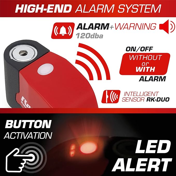 RADIKAL RK6 Disc Lock Alarm, Hi-End 120db Alarm, ON/Off Button, Warning LED, Waterproof Metal, Lithium Battery, Universal Anti Theft Wheel Brake Lock for Motorcycle, Scooter, Bike, Electric Scooter