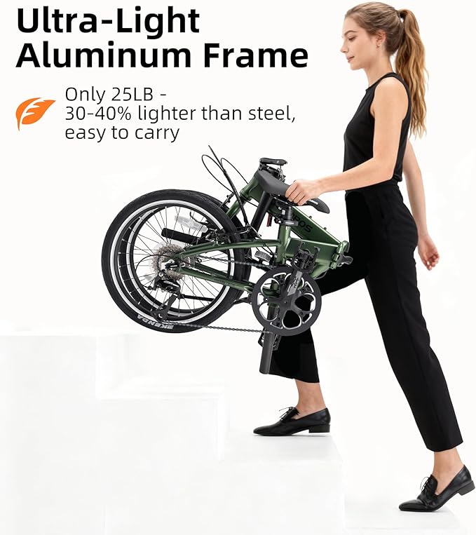 ROCKBROS MBS 20-Inch Folding Bike, 25 lb Portable Lightweight Aluminum Frame, Shimano 8-Speed, V-Brakes, Adjustable Foldable Commuter Bike for Adults & Women
