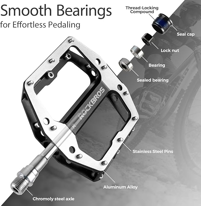 ROCKBROS Mountain Road Bike Pedals Durable CNC Machined Wide Flat Pedal Non-Slip Lightweight Aluminum Alloy，with Smooth Sealed Bearings for 9/16" Bicycle, MTB, E-Bike
