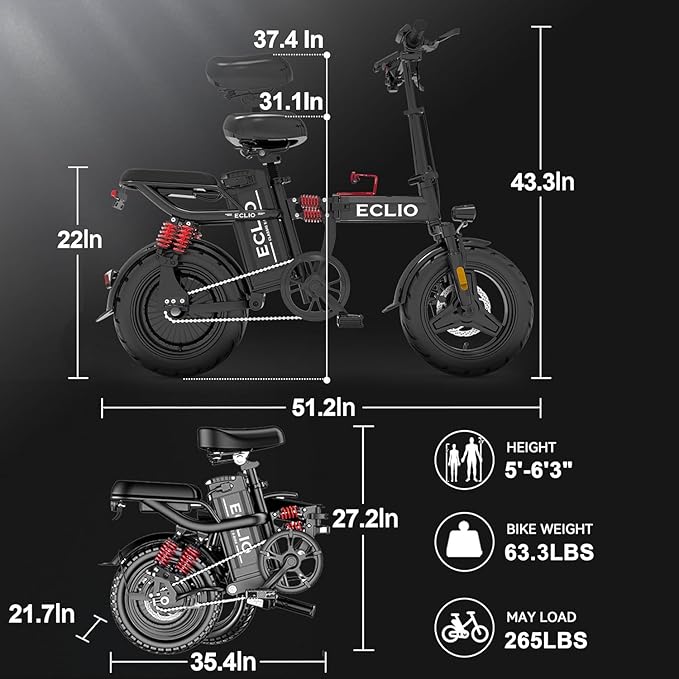 Folding Electric Bike for Adults, Peak 800W Motor 25MPH, 48V 14Ah Removable Battery 35-55Miles Ebike,14'' Lightweight & Portable Adults Electric Bicycles for Men/Women/Teens