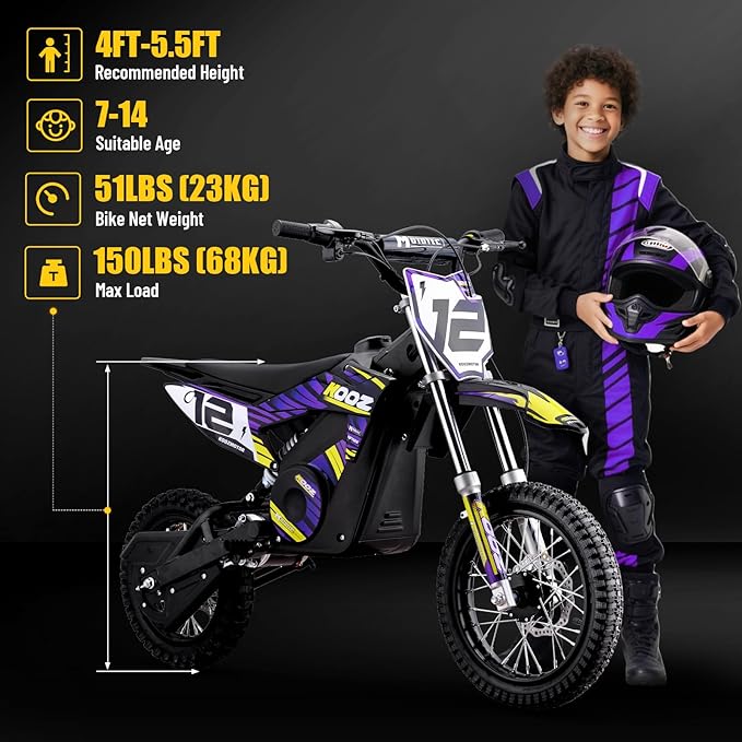 KOOZ HP112E PRO 36V 1000W Electric Dirt Bike for Kids, 3 Speed Modes Teen Electric Motorcycle Up to 20.6 MPH& 19 Miles Long-Range, Dual Suspension & Disc Brake, 16" Sturdy Tire