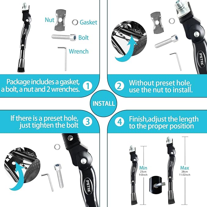Kickstand for Kids Bike for 16 18 20 Inch Adjustable Folding Center Mount Children's Bicycles Black Aluminium Alloy Bike Kick Stand Easy Install