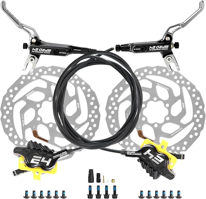 IIIPRO MTB 4 Pistons Hydraulic Disc Brake Set Left Front 800mm Right Rear 1550mm with 160mm Rotors, Mountain Bike Bicycle Disc Brake Kit with Ceramic Brake Pad for eBike, Road Bike, Fat Bike