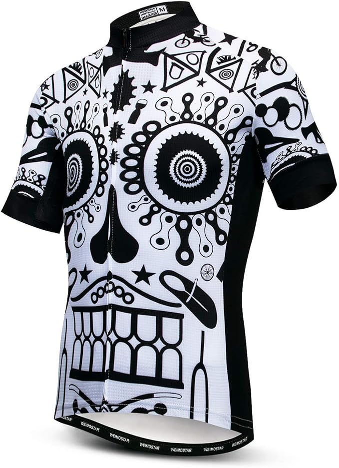 Men Cycling Jersey Skull Bike Short Sleeve Tops Quick-Dry Reflective 3-Pockets S-3XL