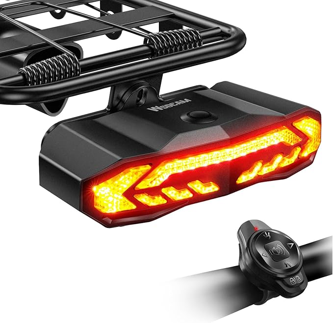 WSDCAM Bike Cargo Rack Tail Light with Turn Signals and Brake Light, Wireless Bike Horn Alarm, Auto On/Off USB C Rechargeable Bicycle Tail Light Rear Rack Bike Light Turn Signal Lights for Road Safety