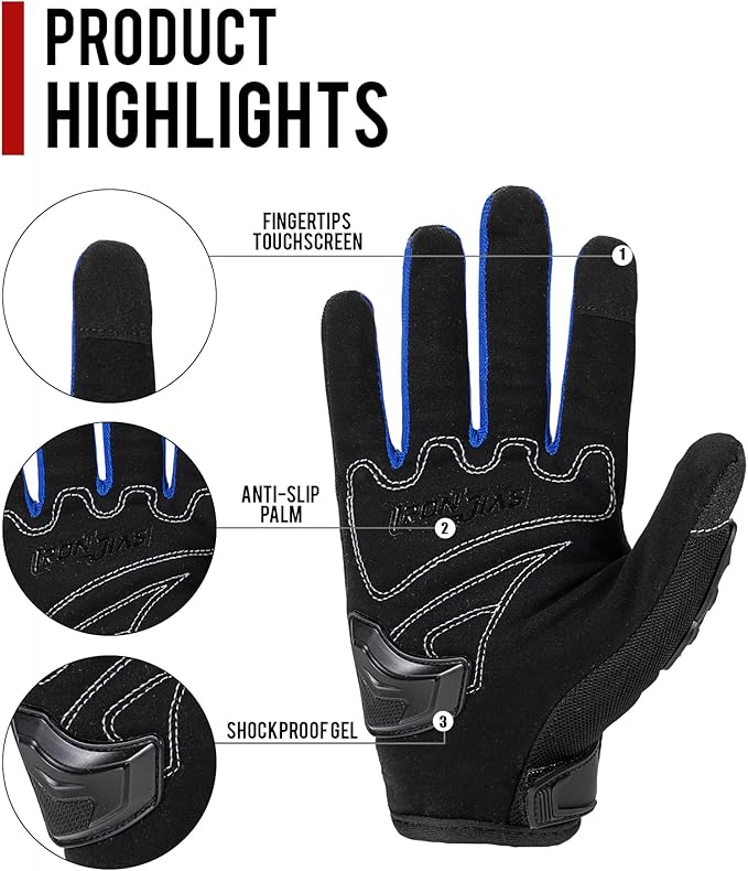 IRON JIA'S Motorcycle Gloves Full Finger Durable for Road Racing Bike Summer Spring Powersports Support Touch Screen Blue-L