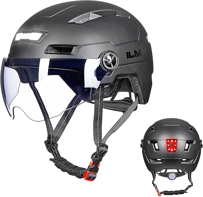 ILM Adult Bike Helmet with USB Rechargeable LED Front and Back Light Mountain&Road Bicycle Helmets for Men Women Removable Goggle Cycling Helmet E3-10L