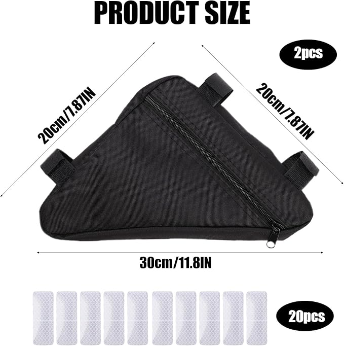 2Pcs Bike Frame Bag with 20Pcs Reflective Stickers, Triangle Small Bicycle Storage Pack Cycling for Road Mountain