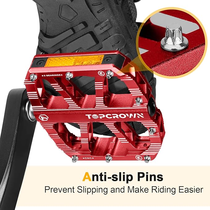 Mountain Bike Pedals with Reflectors, Aluminum Metal Bicycle Flat Pedals 9/16" - 3 Sealed Bearings, Non-Slip Wide Platform with Removable Pins for MTB, Road Bike, BMX, Ebike