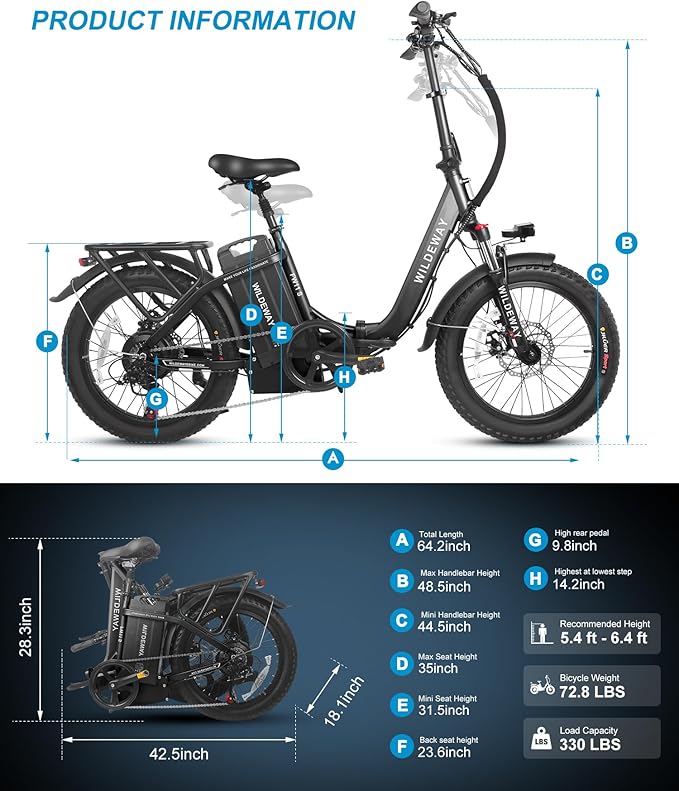 Wildeway Folding Electric Bike for Adults with 32Ah Battery Long Range 750W Motor 28MPH, 20"x 3.0"Fat Tire Foldable EBike, Urban City Commuter Men Women Bicycle 7 Speed Gear