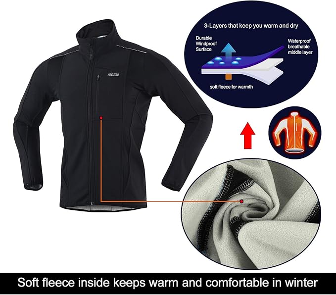 ARSUXEO Winter Warm UP Thermal Softshell Cycling Jacket Windproof Waterproof 15-k