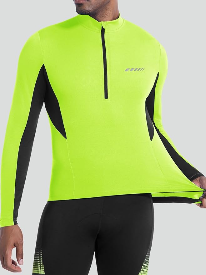qualidyne Men’s Cycling Jersey Long Sleeve, Quick Dry Moisture-Wicking, UPF 50+, Half Zip Bike Shirt with 3+1 Pockets