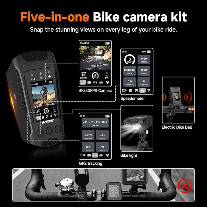 SVBONY Bike Camera with Smart Display, 4K60fps Action Camera with GPS Tracker, Cycling Speedometer/Odometer, Anti-Shake, Bike Lights, Bell, Waterproof, Bike Computer with APP Support (Without TF Card
