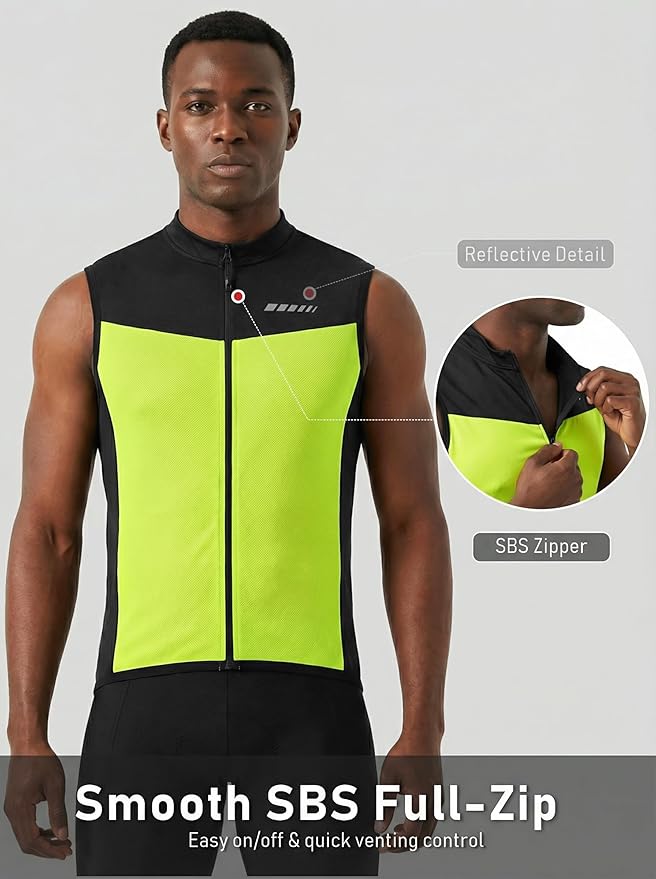 qualidyne Men's Sleeveless Cycling Jersey, Full Zip, Quick-Dry Moisture-Wicking Knit, 3 Rear Pockets, Reflective Details