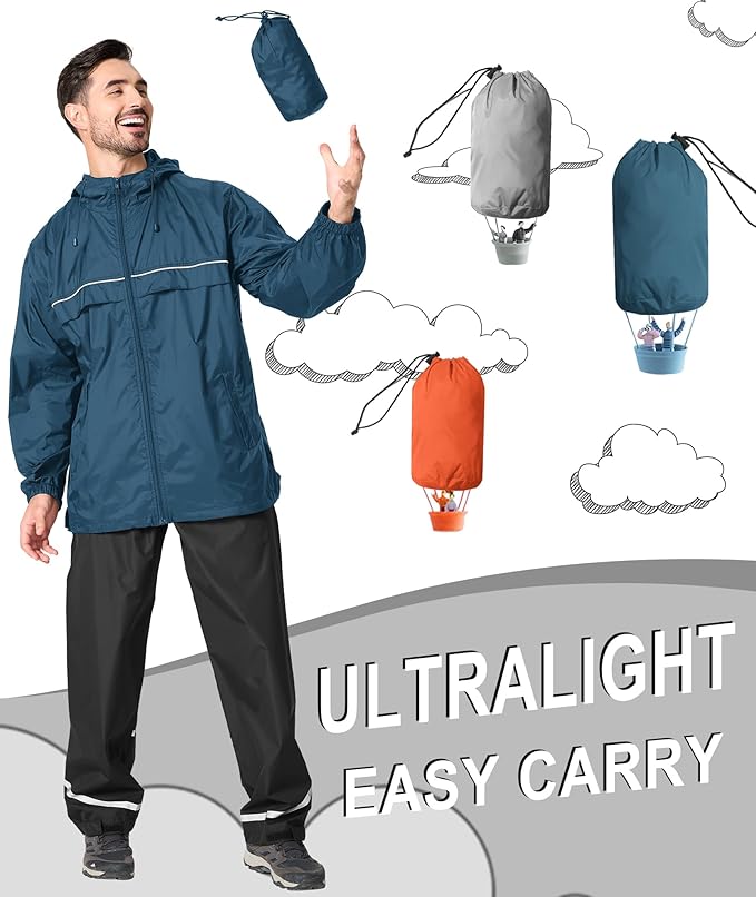 GEEK LIGHTING Rain Jacket Men Lightweight Waterproof Jackets Packable Windbreaker Hooded Raincoat for Golf Cycling Outdoor