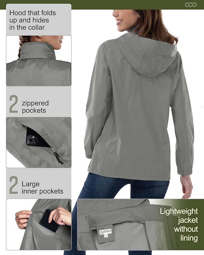 33,000ft Women's Rain Jacket Waterproof Lightweight Packable Raincoat with Hood for Golf Hiking Travel Windbreaker