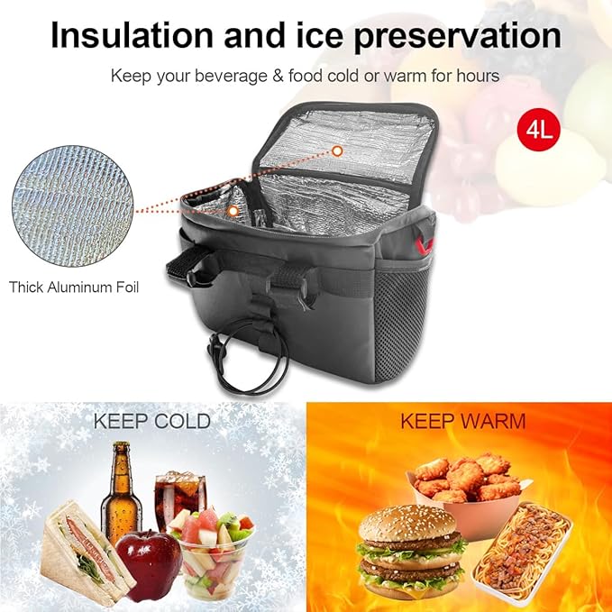 Bike Handlebar Bag, Insulated Cooler Front Frame Bag with Touch Screen Phone Holder, 4L Water Resistant Bicycle Basket Storage Pouch, Convertible Shoulder Pack for Ebike MTB Road